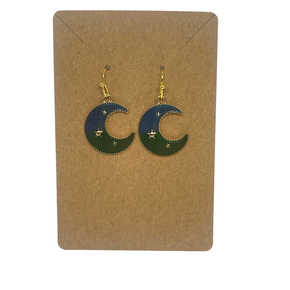 Crescent Moon Earrings Blue Green - Gold Plated Enamel Charms - Hypoallergenic
